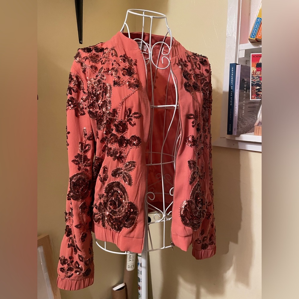 Endless Rose Coral/Salmon + Rose Gold Sequin Bomber Jacket - Medium